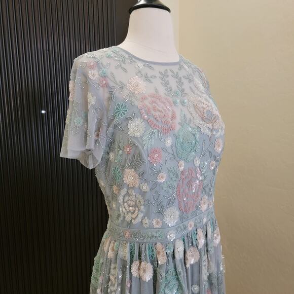Mac Duggal 6 Seafoam Green 9134 Floral Midi Short Sleeve Sequin Beaded Dress New - Picture 4 of 14
